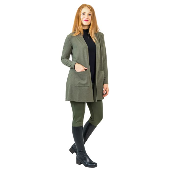 female model wearing khaki green pauline jacket black tonya top and khaki green nadia pants front view on white background