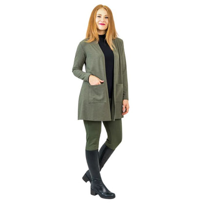female model wearing khaki green pauline jacket black tonya top and khaki green nadia pants front view on white background