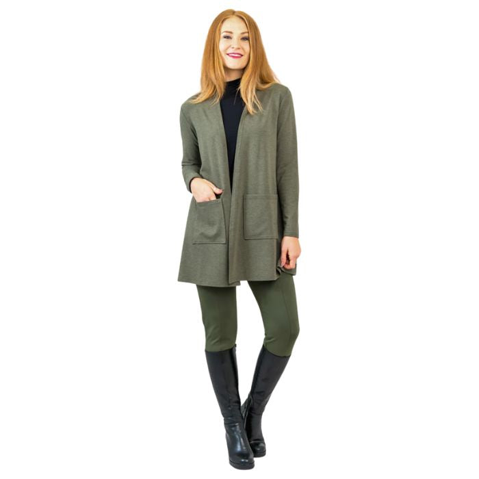 female model wearing khaki green pauline jacket black tonya top and khaki green nadia pants front view on white background