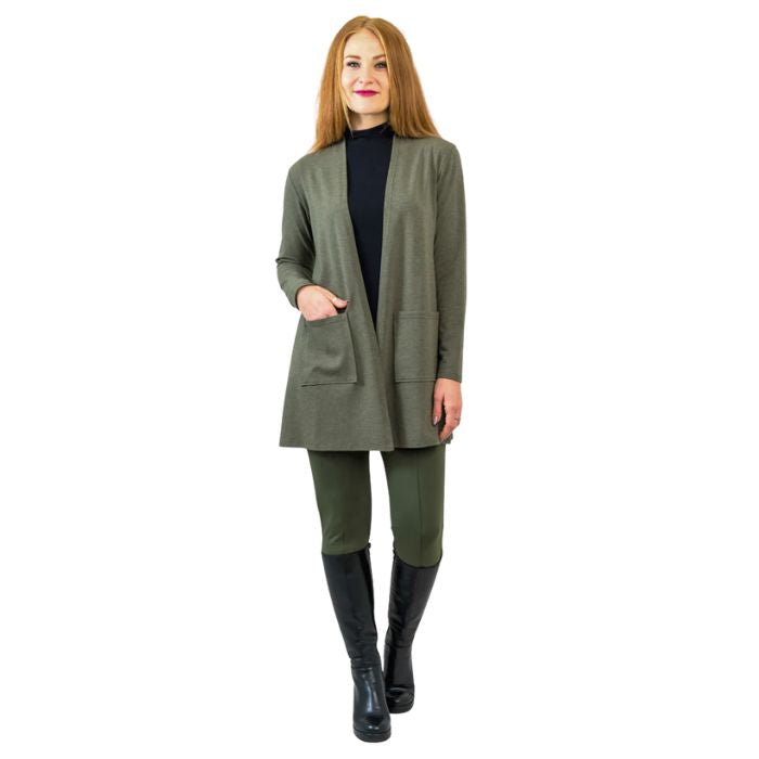 female model wearing khaki green pauline jacket black tonya top and khaki green nadia pants front view on white background
