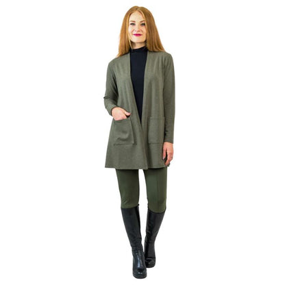 female model wearing khaki green pauline jacket black tonya top and khaki green nadia pants front view on white background