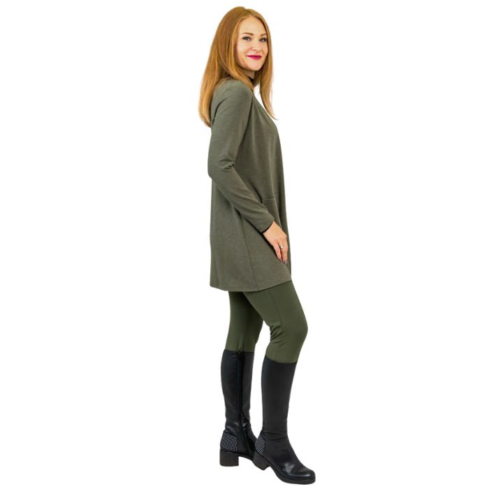 female model wearing khaki green pauline jacket black tonya top and khaki green nadia pants side view on white background