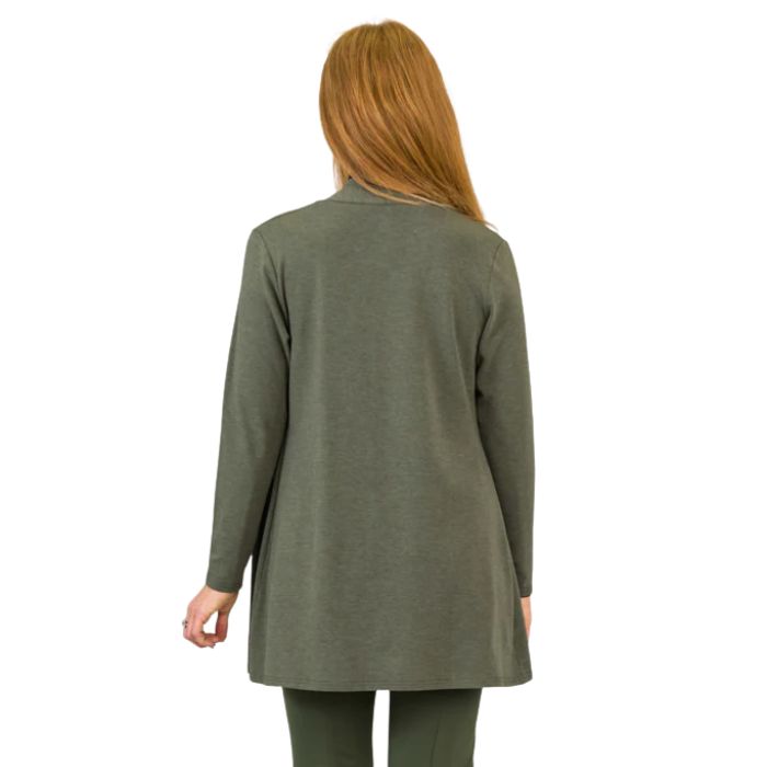 female model wearing khaki green pauline jacket back view on white background