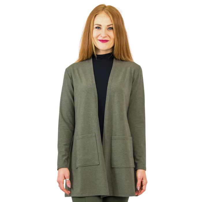 female model wearing khaki green pauline jacket front view on white background