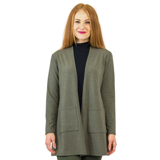 female model wearing khaki green pauline jacket front view on white background