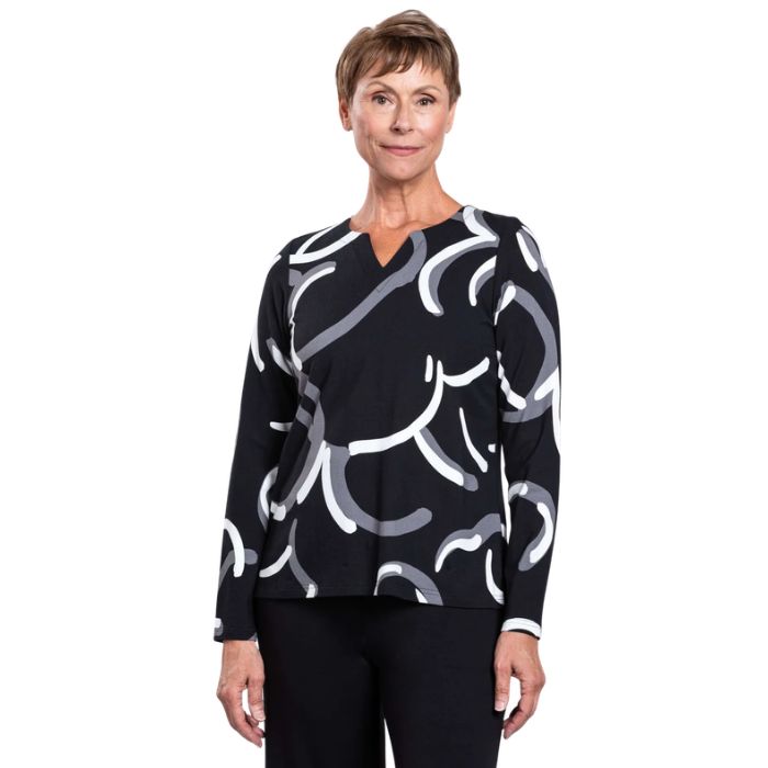 woman wearing black white focus print peggy top front view set on a white background