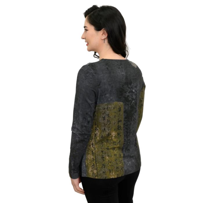 woman wearing rustic khaki print peggy top back view set on a white background