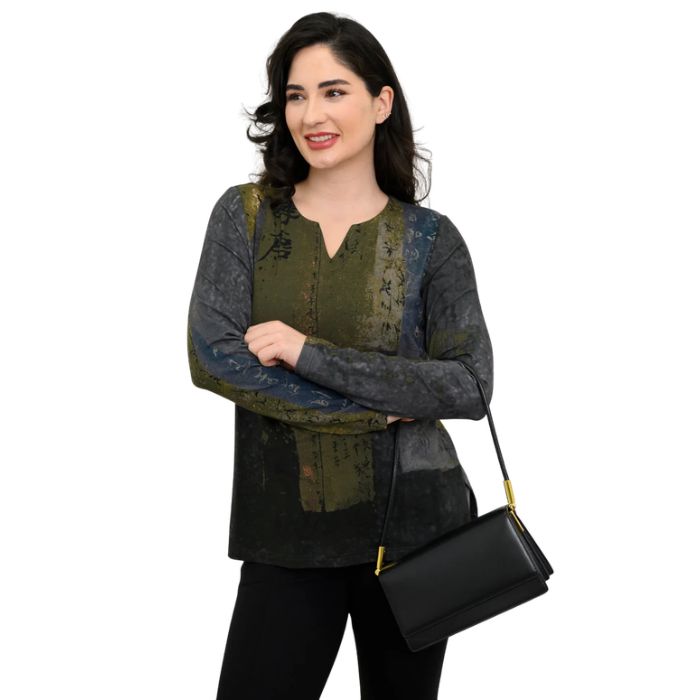 woman wearing rustic khaki print peggy top front view set on a white background