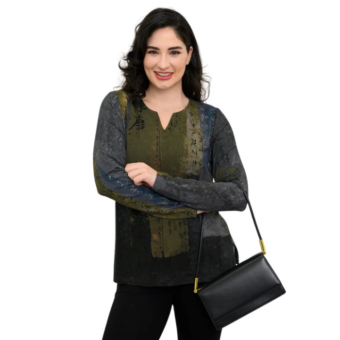 woman wearing rustic khaki print peggy top front view set on a white background