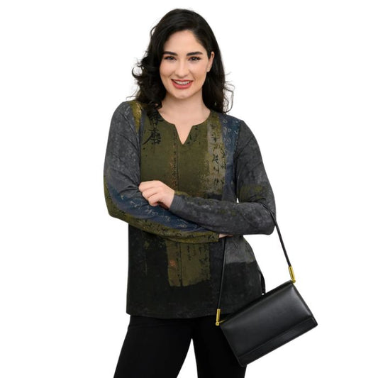 woman wearing rustic khaki print peggy top front view set on a white background