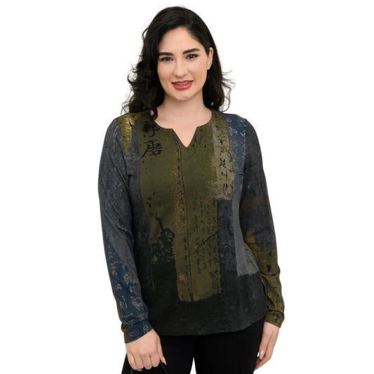 woman wearing rustic khaki print peggy top front view set on a white background