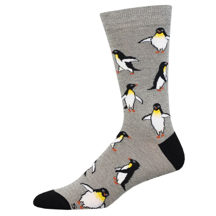 penguin personality sock, grey crew sock with penguin print on white background
