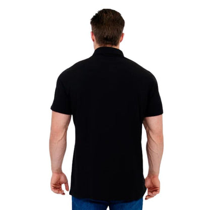 male model wearing black phil polo shirt back view on white background