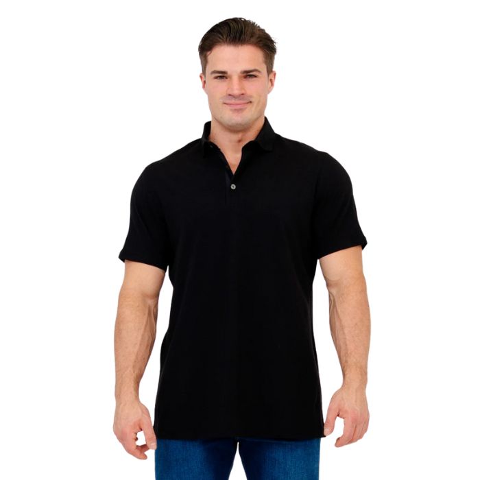 male model wearing black phil polo shirt front view on white background