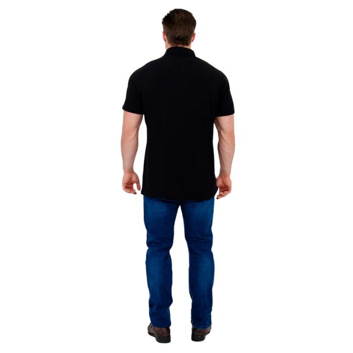 male model wearing black phil polo shirt and blue jeans back view on white background