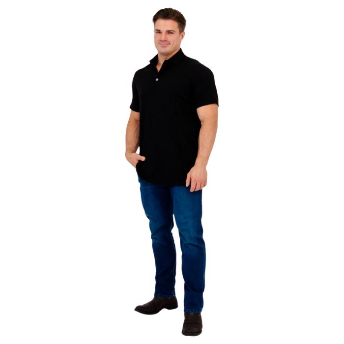 male model wearing black phil polo shirt and blue jeans front view on white background