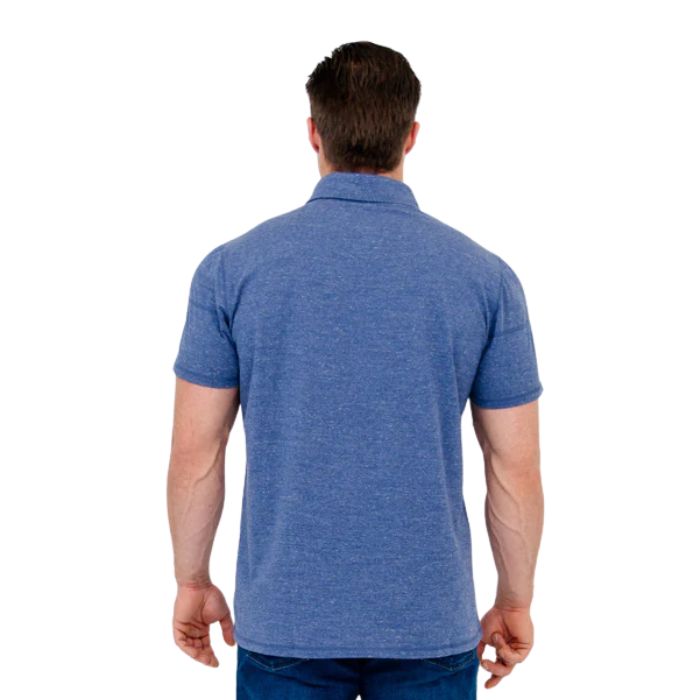 male model wearing denim blue phil polo shirt back view on white background