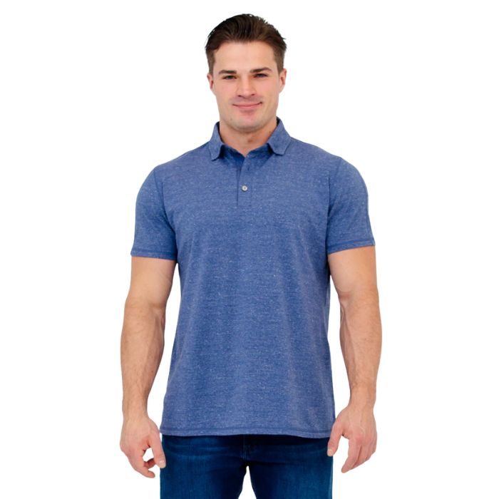 male model wearing denim blue phil polo shirt front view on white background