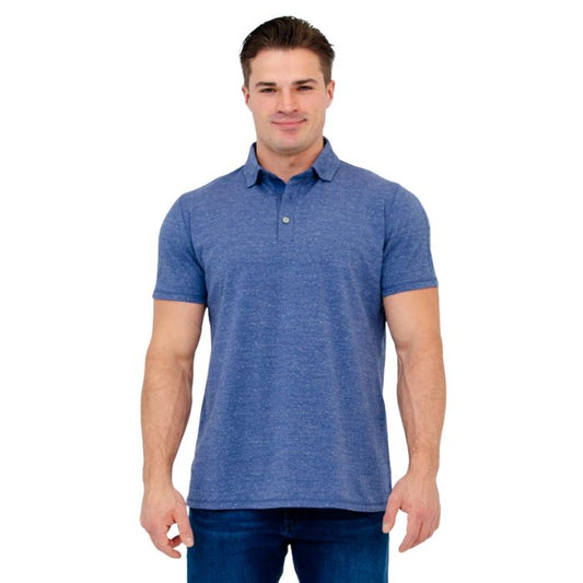 male model wearing denim blue phil polo shirt front view on white background