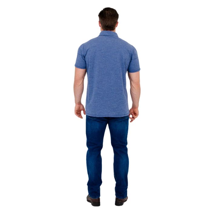 male model wearing denim blue phil polo shirt and blue jeans back view on white background