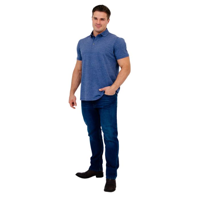 male model wearing denim blue phil polo shirt and blue jeans front view on white background