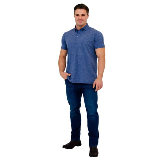 male model wearing denim blue phil polo shirt and blue jeans front view on white background