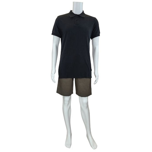 mannequin wearing army green craig shorts and black phil polo shirt front view on white background