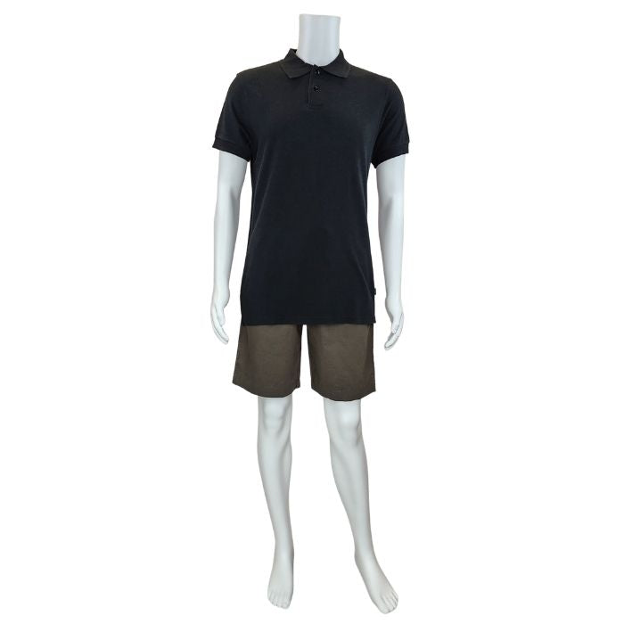 mannequin wearing black phil polo shirt and  olive green craig shorts front view on white background