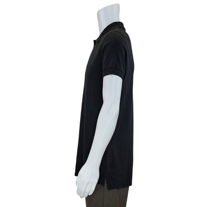 mannequin wearing black phil shirt side view on white background