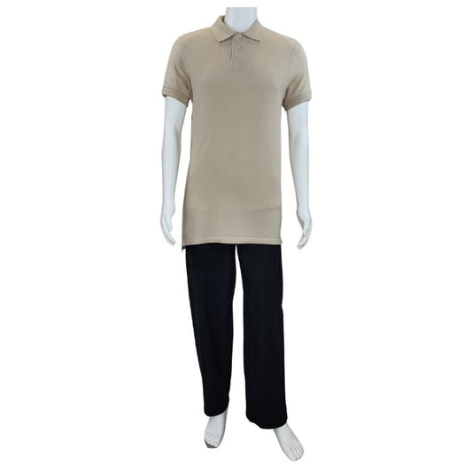 mannequin wearing oatmeal brown phil polo shirt and  black jeff pants front view on white background