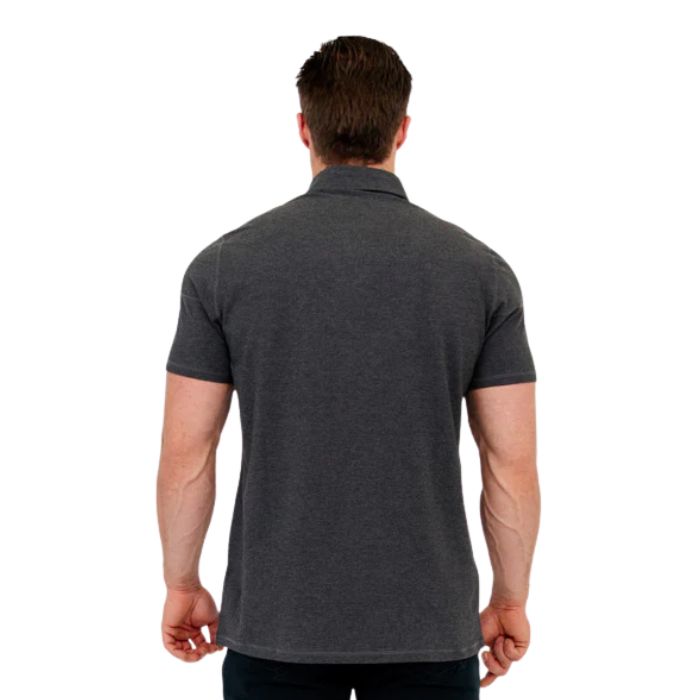 male model wearing graphite grey phil polo shirt back view on white background