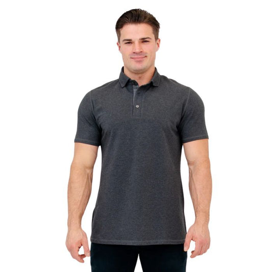 male model wearing graphite grey phil polo shirt front view on white background
