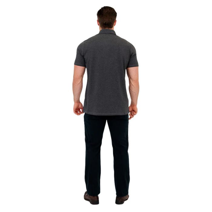 male model wearing graphite grey phil polo shirt and blue jeans back view on white background