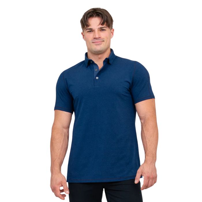 male model wearing indigo blue phil polo shirt front view on white background