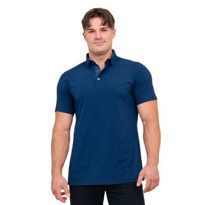 male model wearing indigo blue phil polo shirt front view on white background