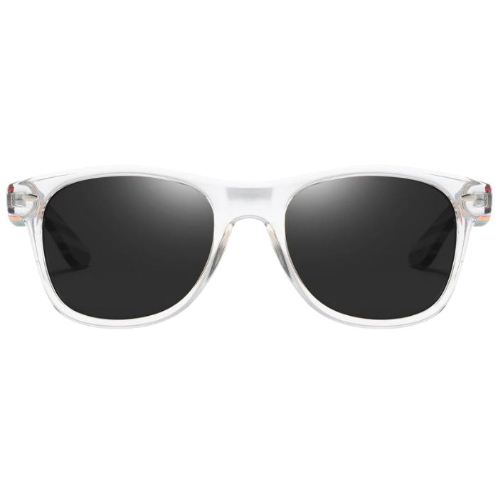 portland sunglasses clear frames and black lenses front view on white background