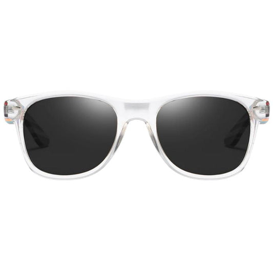 portland sunglasses clear frames and black lenses front view on white background