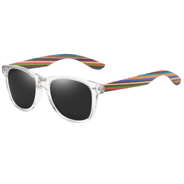 portland sunglasses clear frames and black lenses over view on white background