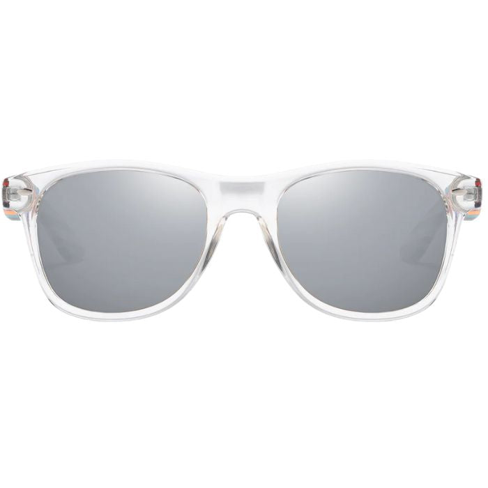 portland sunglasses clear frames and silver lenses front view on white background