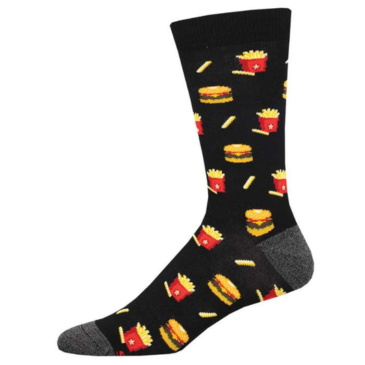 quick bite sock, black crew sock with hamburger and fries print on white background