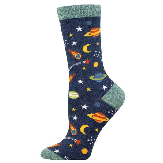reach for the stars sock, navy blue crew sock with moons, stars and planets print on white background