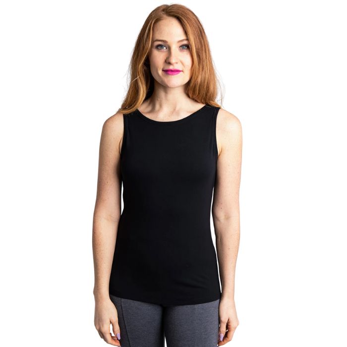 top half of female model wearing black reanna tank top top front view on white background