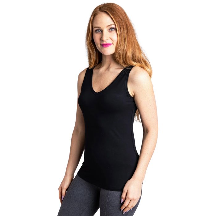 top half of female model wearing black reanna tank top top side view on white background