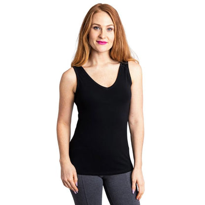 top half of female model wearing black reanna tank top top front view on white background