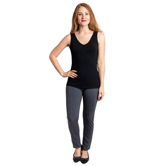 female model wearing black reanna tank top and granite grey nadia pants front view on white background