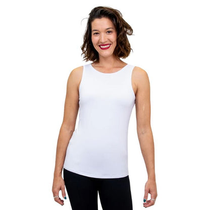top half of female model wearing white reanna tank top top front view on white background