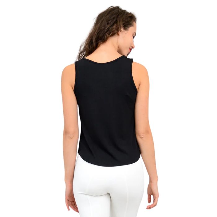 female model wearing black ritzy tank top back view on white background