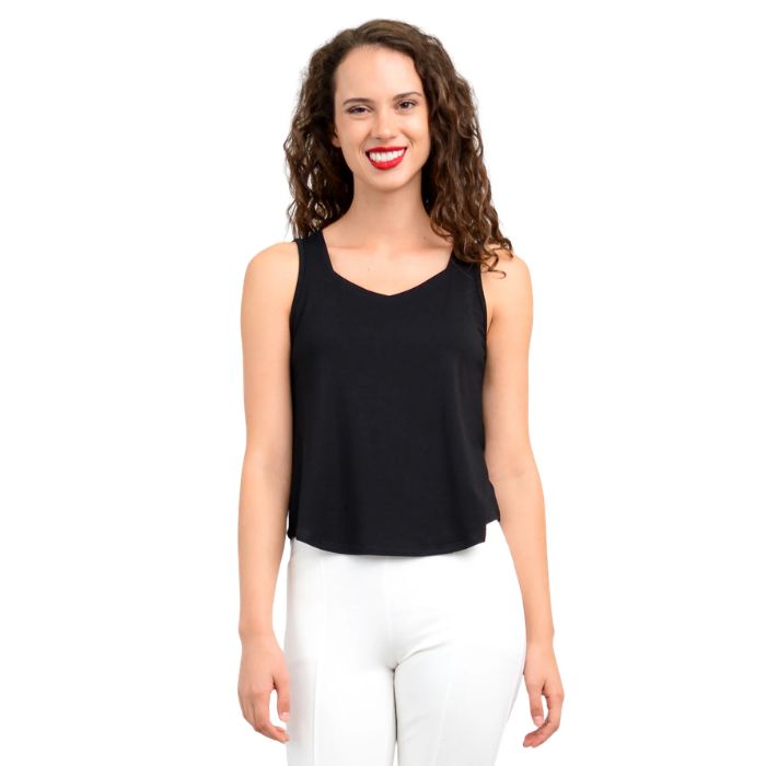 female model wearing black ritzy tank top front view on white background
