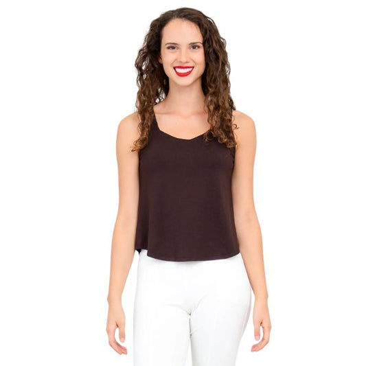 female model wearing coffee brown ritzy tank top front view on white background