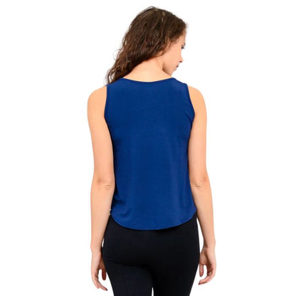 female model wearing indigo blue ritzy tank top back view on white background
